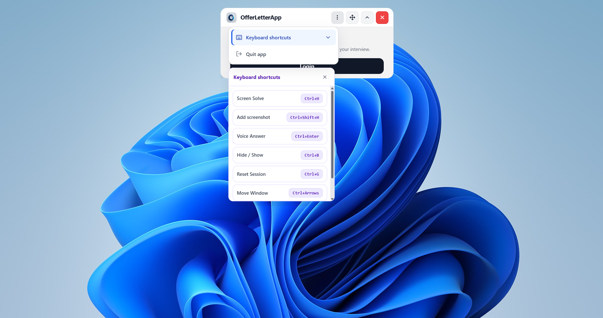 App menu with Keyboard shortcuts panel listing Screen Solve, Voice Answer, and Hide Show