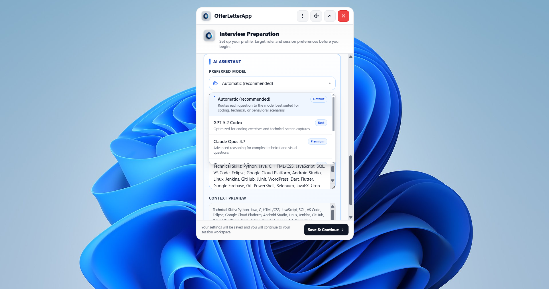 Preferred AI model dropdown and technical skills context preview on preparation screen